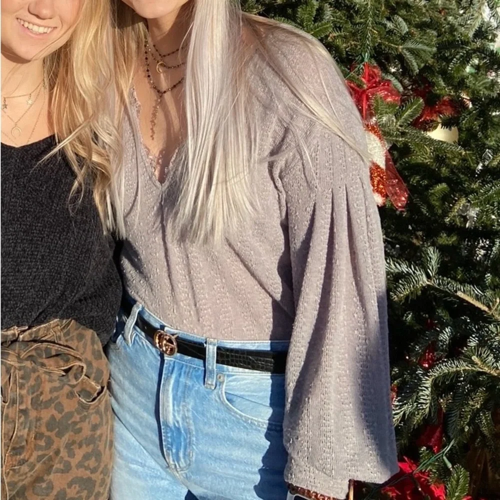 Free People Light Gray Lace-Trim V-Neck Balloon Sleeve Top